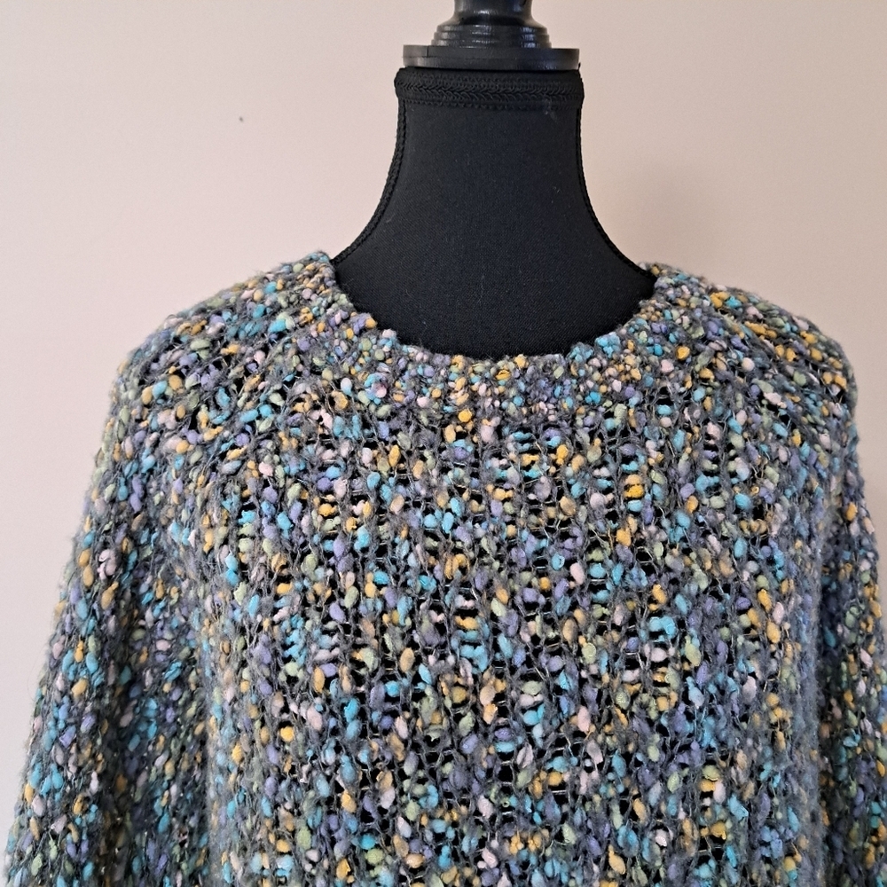 Forever 21 Knit Sweater Size Large Cozy Yellow Blue Grey Confetti Popcorn Knit